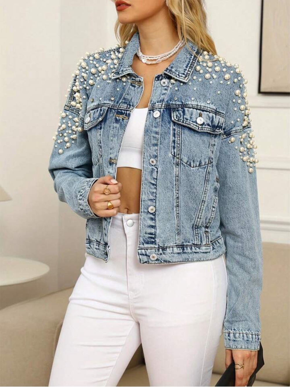 SHEIN Pearl-Embellished Light Wash Denim Jacket - Women Size Medium -C52-088